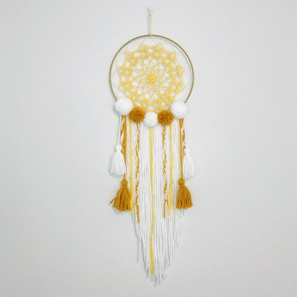 New! Bohemian Crochet Handmade Yellow White Neutral Dreamcatcher Gift Wall Decor